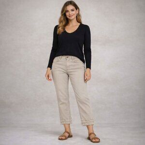 Charlie B Straight Cropped Jeans in Taupe/Pale Khaki frayed Hem Detail Size 8